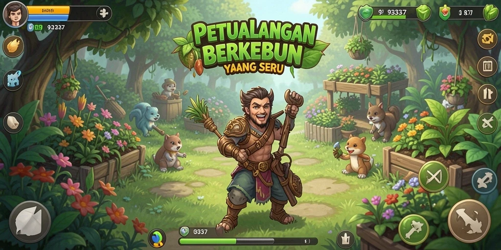 Tangkapan layar dari gameplay <strong>93337</strong> yang menampilkan kebun yang indah dan tanaman yang subur.