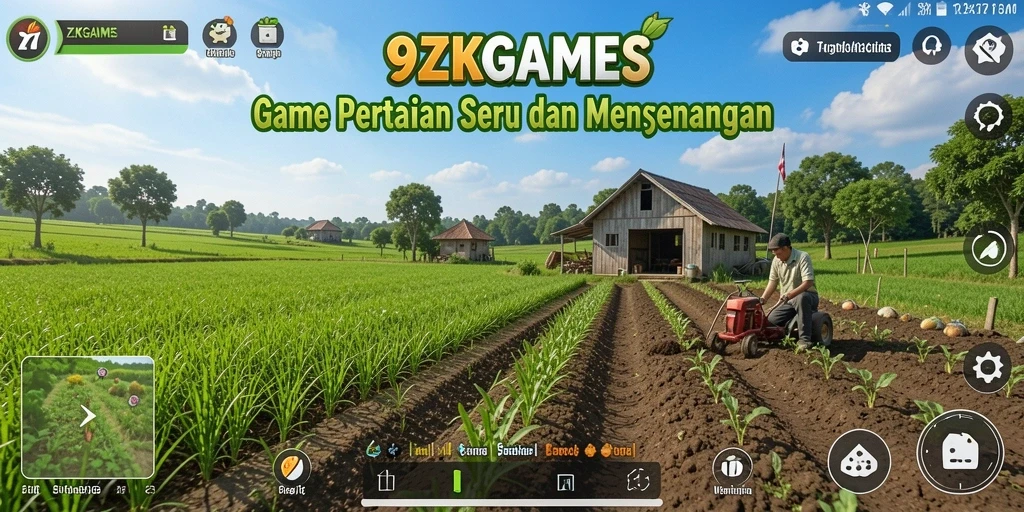 Tampilan gameplay 9ZKGAMES menunjukkan aktivitas pertanian yang mendalam.