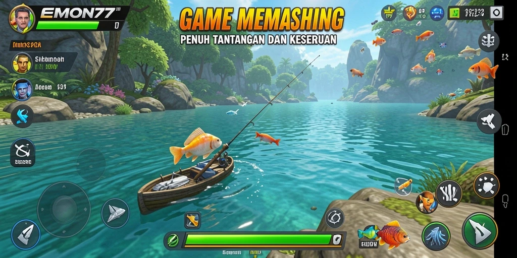 Screenshot gameplay EMON77, menunjukkan pengalaman seru memancing di lautan.