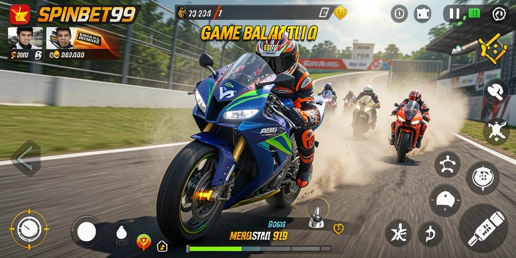 Screenshot gameplay SPINBET99 dengan aksi balapan motor yang seru.