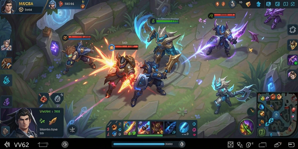 Screenshot gameplay VV62 dengan pertarungan tim yang intens.